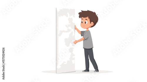 Young Boy Pushing Gray Wall, Determination and Strength Concept