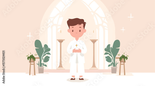Young Boy First Communion Flat Vector Illustration
