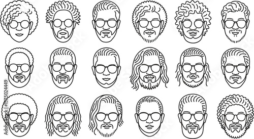 Vector diverse men faces vector illustration with glasses and various hairstyles and beard styles
