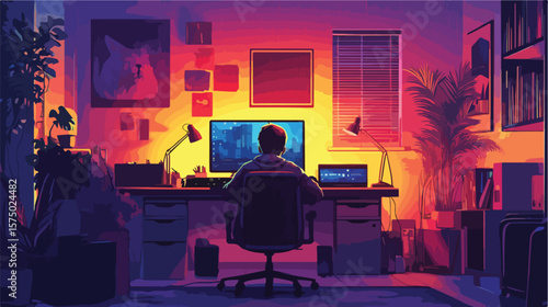 Professional Home Office Setup with Boy Working - Flat Vector Illustration