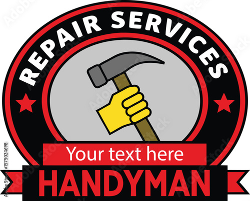 Circular logo with hammer held by gloved hand " Repair Services" text with " Handyman" banner