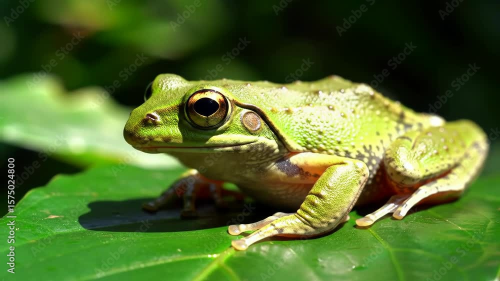 Green frog resting on a large leaf in natural sunlight, showcasing tropical wildlife, calm nature, and ecological beauty Green frog resting on a large leaf in natural sunlight, showcasing tropical wildlife, calm nature, and ecological beauty