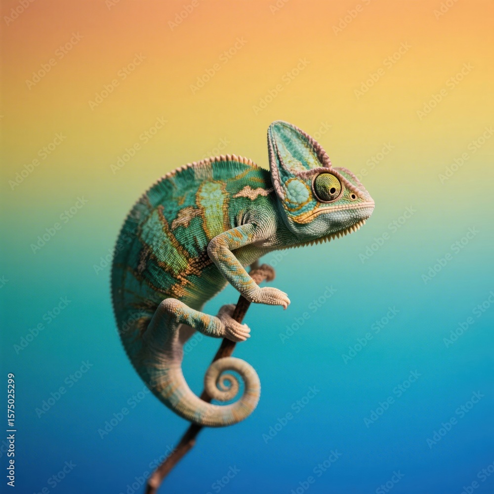 Obraz premium Chameleon on a Branch: A Vibrant Portrait of Wildlife Against a Colorful Gradient Background, Featuring Detailed Scales and Unique Eyes, Capturing the Essence of Nature and Adaptation .