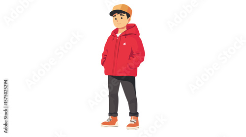 Young Boy Wearing Hat and Red Jacket on White Background