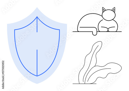 Simplistic shield icon beside a resting cat and plant evokes security, calm, and harmony. Ideal for themes thumbs up safety, pet care, eco-friendly living, insurance, stability balance and peace. A