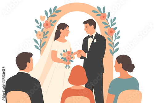 Elegant wedding ceremony with bride, groom, and guests under floral arch