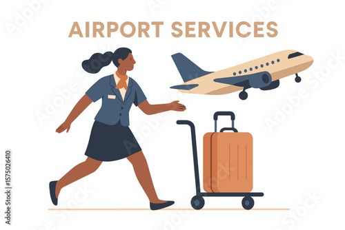 Airport services worker with luggage and airplane in flat design