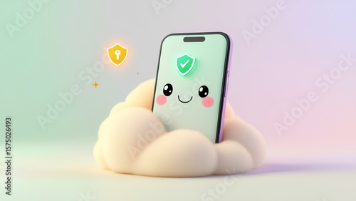 Cute 3D Smartphone Mascot with Security Shield for Mobile Protection