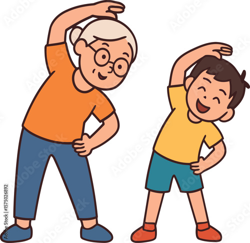 Grandmother and grandson doing exercise together staying active and healthy