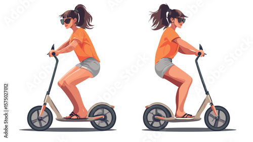 Stylish Brunette Woman in Orange T-Shirt and Gray Shorts