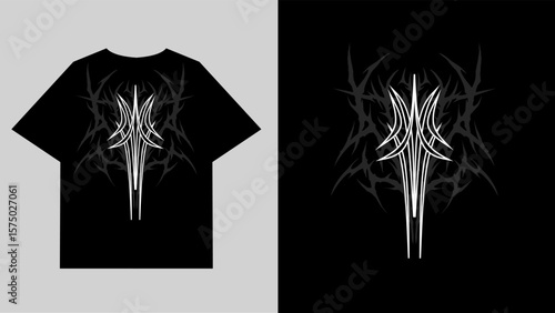neo tribal shirts designs, symmetrical sigil with dark gothic spikes, perfect for metalcore streetwear and occult fashion vibes