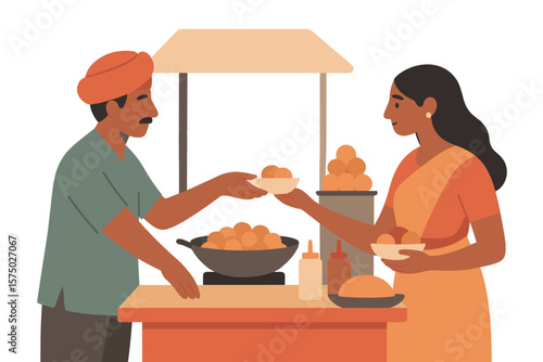 Indian street food vendor serving customer at stall in flat design
