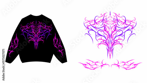 Neo tribal ornament with sharp symmetrical lines in pink purple, perfect for metal apparel and alternative fashion prints