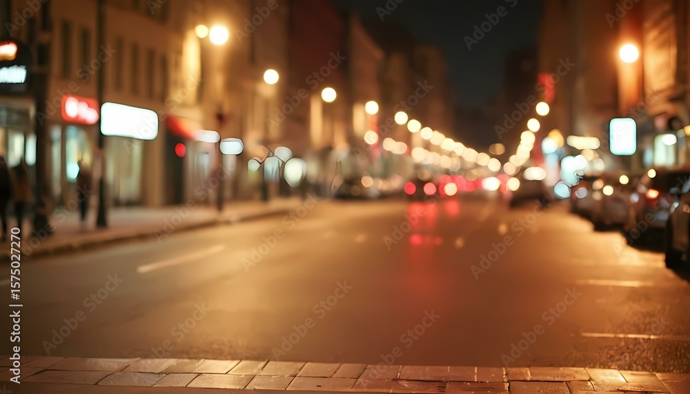 Fototapeta premium blurry city street at night with wet pavement, vibrant scenic background for digital wallpaper and creative storytelling.