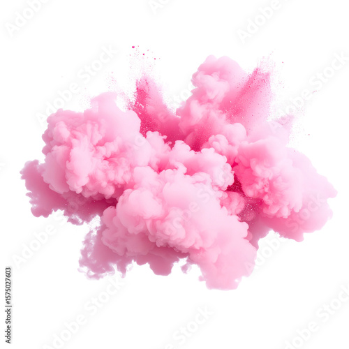  Colorful pink smoke bomb bursting mid-air, dense swirling smoke texture, isolated on transparent background