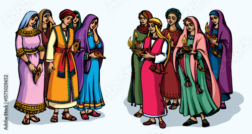 Vector drawing. 10 girls with lamps