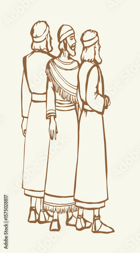 Vector drawing. People stand befor king