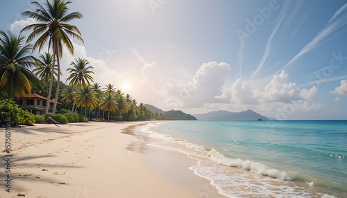 Fototapeta Naklejka Na Ścianę i Meble -  Palm trees line the white sand beach of a tropical island paradise, where turquoise ocean waters meet the shore under a sunny sky, creating a serene vacation scene
