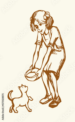 Vector Drawing. Girl feeding a cat
