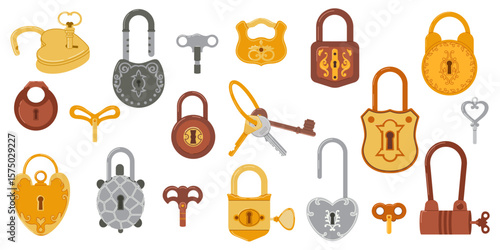 Colorful collection of vintage padlocks and keys. Perfect for fairy tale designs, escape room themes, or romantic concepts.