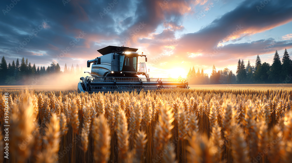 Fototapeta premium Agricultural machinery, a combine harvester, is working in a golden wheat field at sunset, with dramatic clouds and a serene forest backdrop, showcasing rural farming life