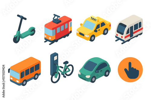 Urban transport icons set featuring isometric vehicles and mobility solutions