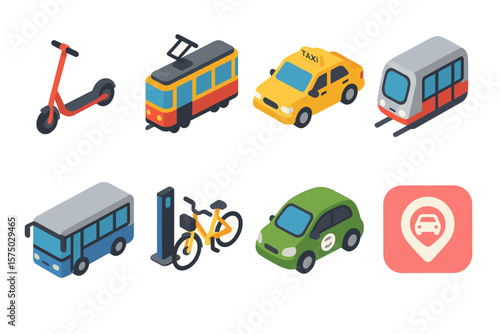 Urban transportation icons set featuring isometric design of eco-friendly vehicles