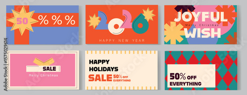 set of sale banners and labels, greeting horizontal card for New Year, Christmas, Happy Holidays in bold style