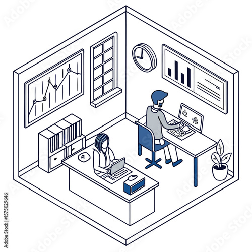 Business meeting room with architectural plans and house design in 3D isometric style vector illustration