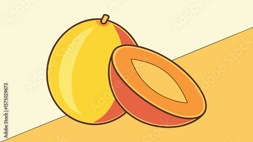 Stylized illustration of a whole and halved yellow fruit with orange flesh