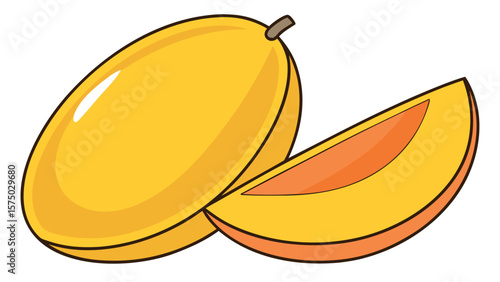 Bright yellow cartoon fruit with a slice cut out showing its orange flesh