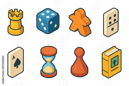 Colorful isometric game pieces collection: dice, cards, and more