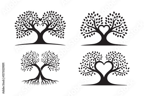 Four stylized black silhouette trees with heart shaped branches and leaves