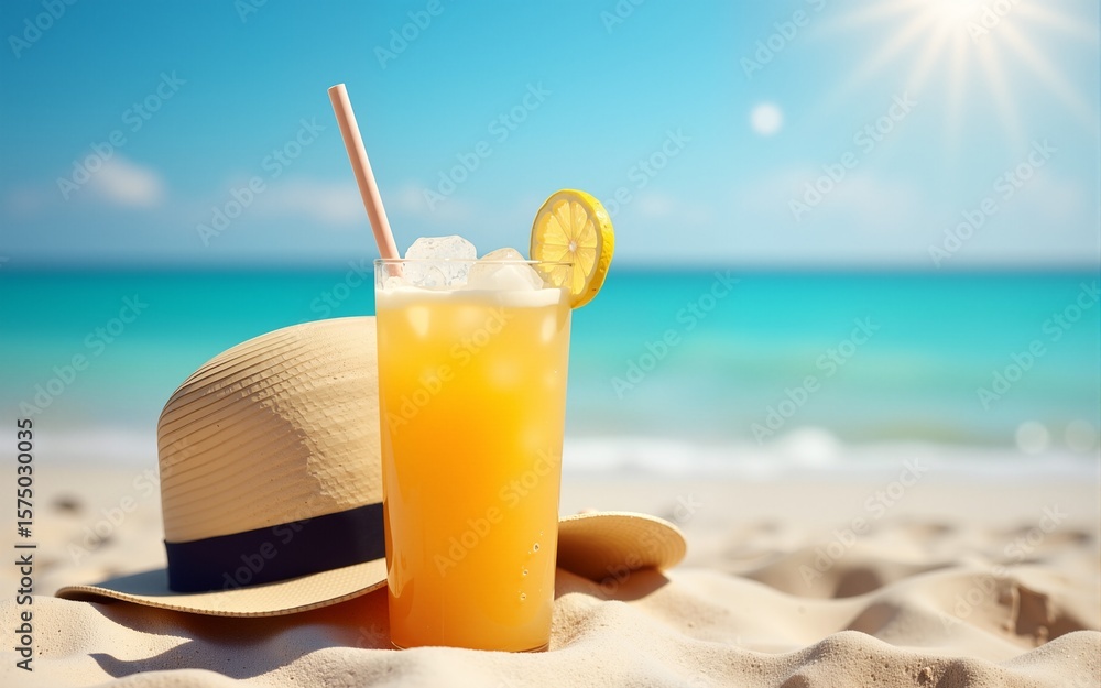 A refreshing iced tea with lemon is placed on a sandy beach beside a stylish hat, under a sunny sky, evoking a sense of relaxation and summer vacation vibes. High quality A refreshing iced tea with lemon is placed on a sandy beach beside a stylish hat, under a sunny sky, evoking a sense of relaxation and summer vacation vibes. High quality
