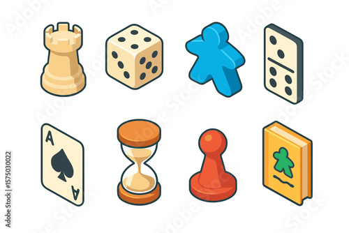 Isometric board game elements: chess, dice, pawn, card, domino, hourglass, meeple
