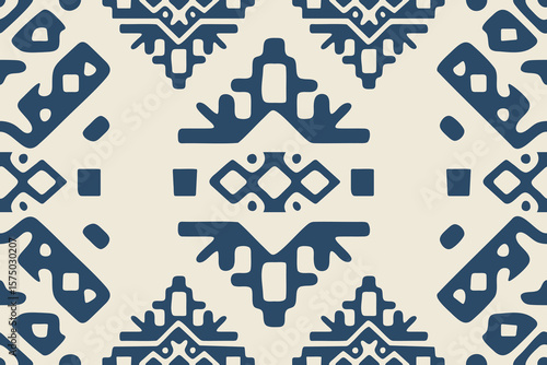 Ethnic southwest tribal Navajo ornamental seamless pattern fabric blue and white design for textile printing 