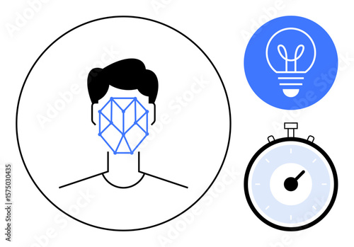 Human face with geometric pattern, light bulb icon for innovation, stopwatch symbol for speed. Ideal for AI, biometrics, security, technology, creativity, efficiency simple landing page
