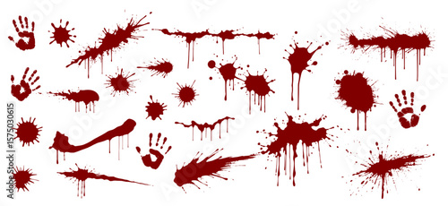 blood splatter or stain set reflecting murder, violence, criminal, death, injury, wound, creepy, spooky, horror, scary etc concept. realistic red spilled blood set