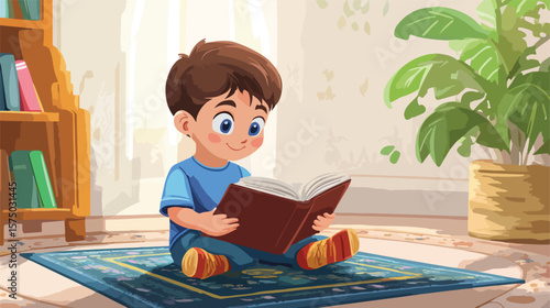 Young boy engrossed in reading comic book