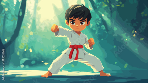 Cartoon Little Boy Practicing Karate - Flat Vector Illustration