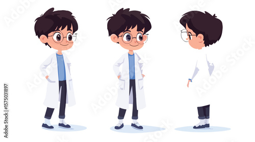 Young Cartoon Scientist Boy in Lab Coat Flat Design Vector Illustration