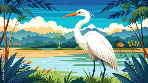 White heron, Great Egret, standing on the lake. Water bird in the nature habitat