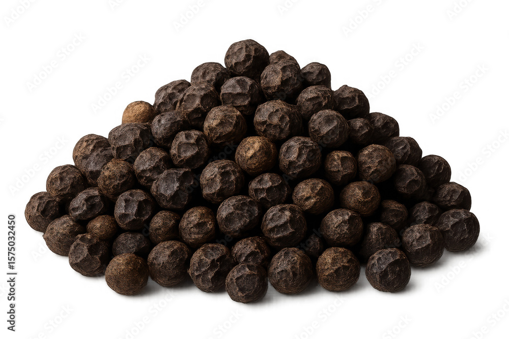 Obraz premium Black peppercorns forming a pyramid shape, isolated on a transparent background, ready for culinary or design projects