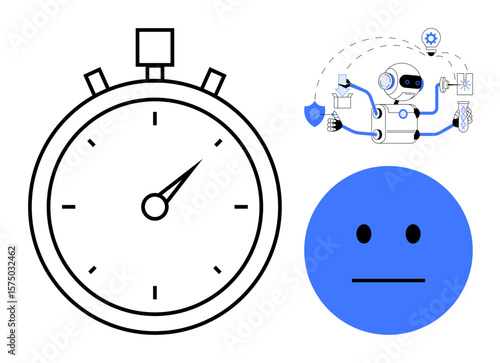 Stopwatch tracking time, robot managing automation tasks with AI tools, and a neutral blue face indicating emotion. Ideal for time management, AI, automation, technology, emotions, efficiency