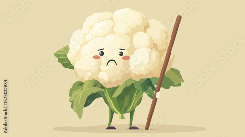 Sick Cauliflower Character with Limping Stick - Unique and Creative Image for Design Projects