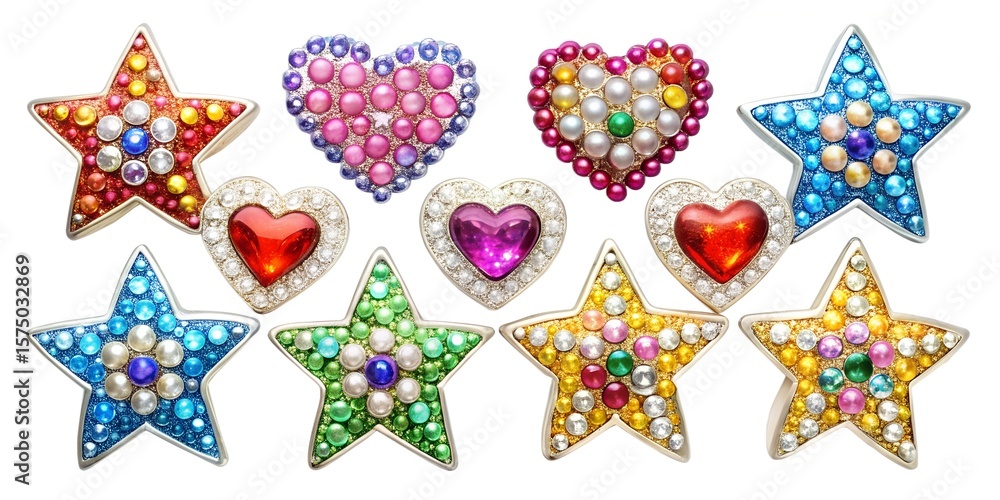 Fototapeta premium A delightful vector illustration set of decorative stars and heart jewels sticker, symbols for romantic Valentine's Day designs