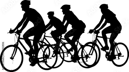 "A stylized silhouette illustration of five people riding bicycles—two men and three women. Each rider wears cycling gear and is in motion, oriented in various directions. The scene is viewed slightly