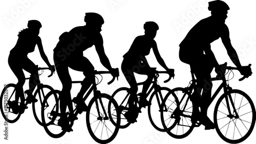"A stylized silhouette illustration of five people riding bicycles—two men and three women. Each rider wears cycling gear and is in motion, oriented in various directions. The scene is viewed slightly