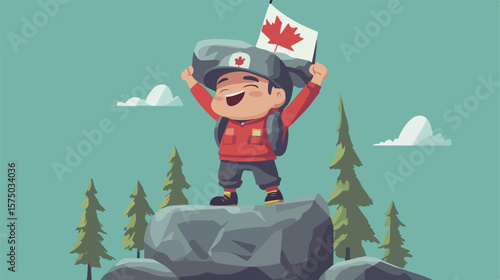 Strong Canada Cartoon Character Lifting Rock - Vector Illustration