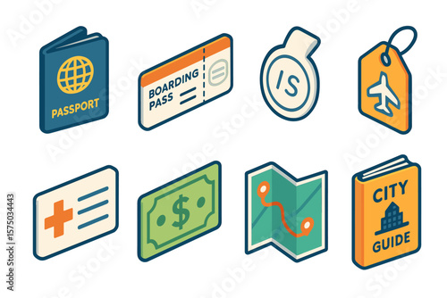 Travel icons collection featuring passport and boarding pass in isometric style